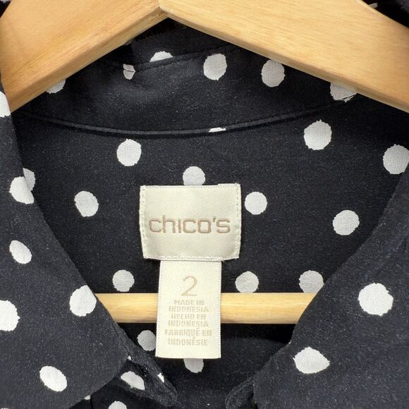 Chico's Shirt Women 2 Black Polka Dot Button Up Collared Short Sleeve Pockets - Picture 3 of 7